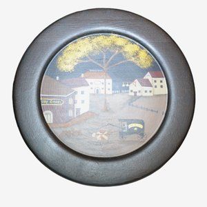 Primitive Decor Round Frame Hand Painted Board Wagon And Buildings